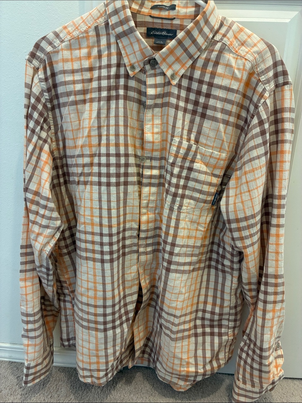 Eddie Bauer Cream, Brown & Orange Plaid Button-Down Shirt